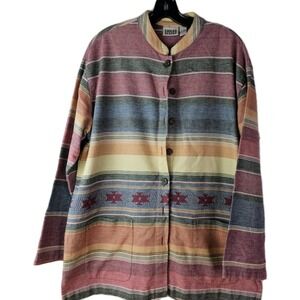 Chicos Design Boho Southwestern Aztec Barn Shirt Jacket Button Front 2 L Cotton‎